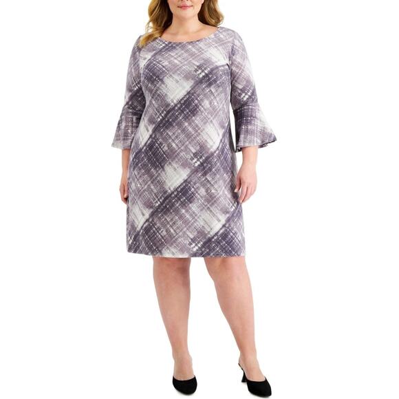 Connected Apparel Bell Sleeve Printed Knee Length Dress Dusty Lavender Size 14 - Picture 1 of 11